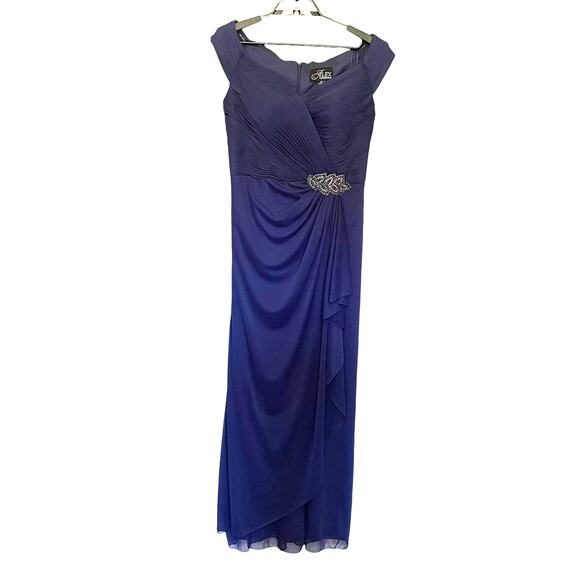 ALEX EVENINGS Off Shoulder Full Length Dress Sz 10 Navy Bling Ruching Dark Fairy - Picture 1 of 15